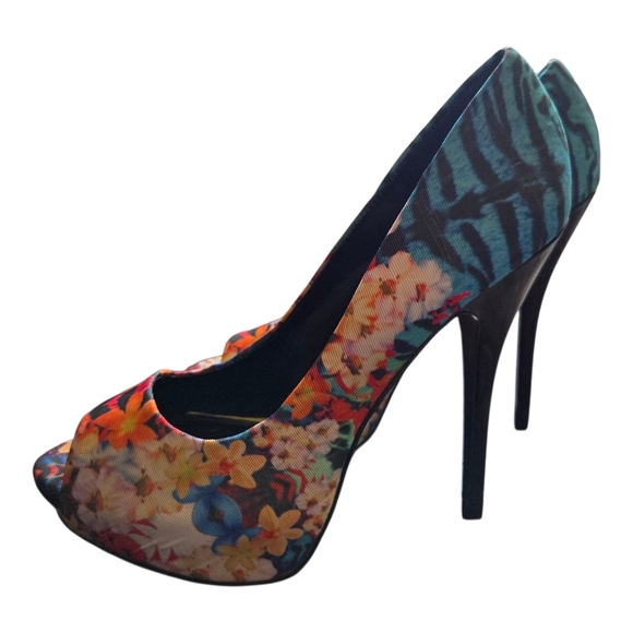 Aldo Colorful Floral And Zebra Print Mix Stiletto Heels Size 7 5 - Picture 1 of 9